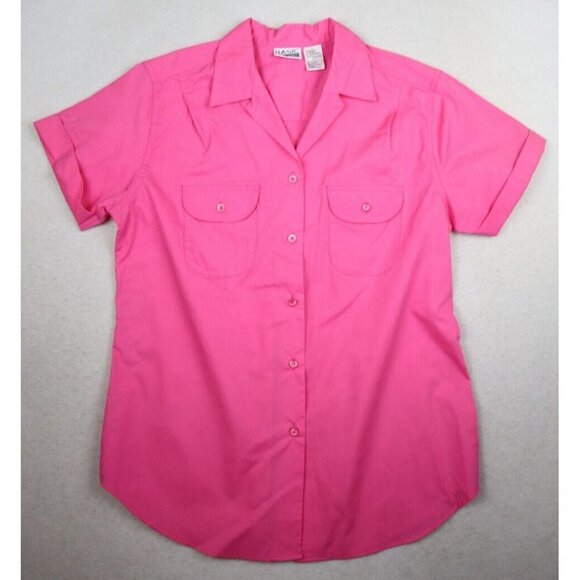 WOMEN'S PINK SHORT SLEEVE BUTTON-UP TOP - POCKETES - BASIC EDITIONS - SIZE S - Picture 1 of 7